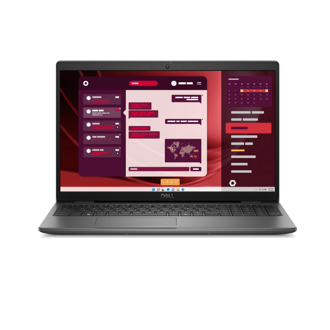 Laptop with a red-themed software interface on a white background